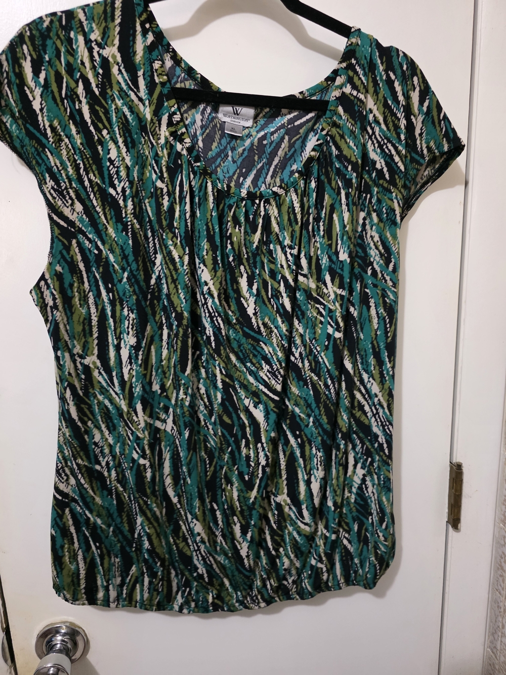 Worthington Teal, Green & Black Abstract Print Short Sleeve Blouse
